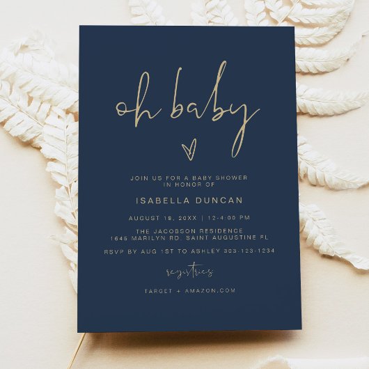 Invitation CAITLIN Marine moderne Baby shower bleu et or Oh
