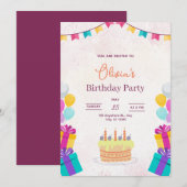 Invitation Cake & Balloons Birthday Invitation, Kids Birthday (Devant / Derrière)