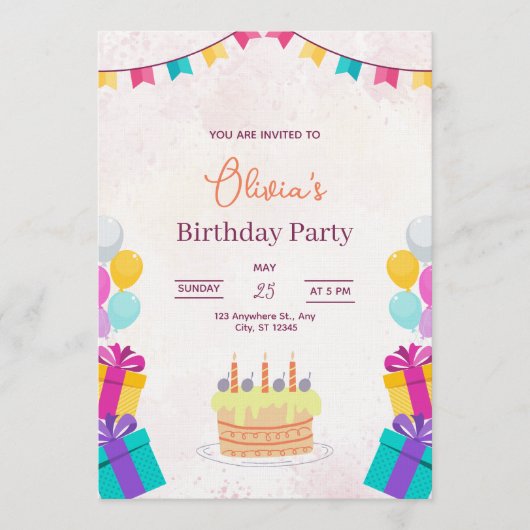 Invitation Cake & Balloons Birthday Invitation, Kids Birthday (Devant)