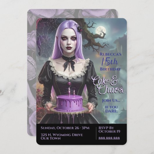 Invitation Cake & Chaos, Purple Goth Ado Fille Anniversaire (Devant / Derrière)