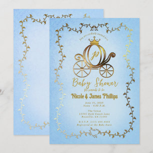 Invitation Calèche de princesse dorée Histoire bleue Baby Sho