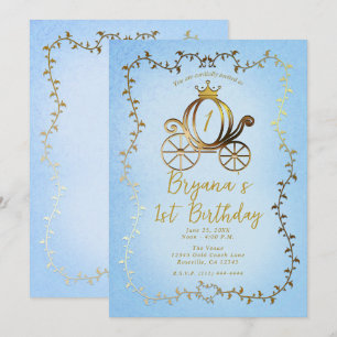 Invitation Calèche de princesse dorée Livre bleu pour 1er ann