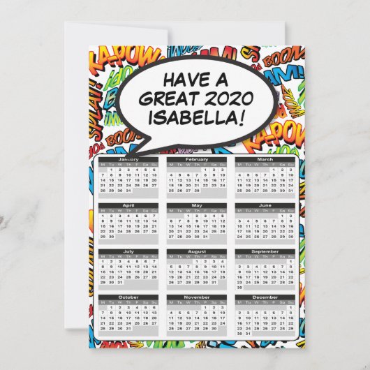 Invitation Calendrier 2020 de bulle de bande dessinée Pop Art (Devant)