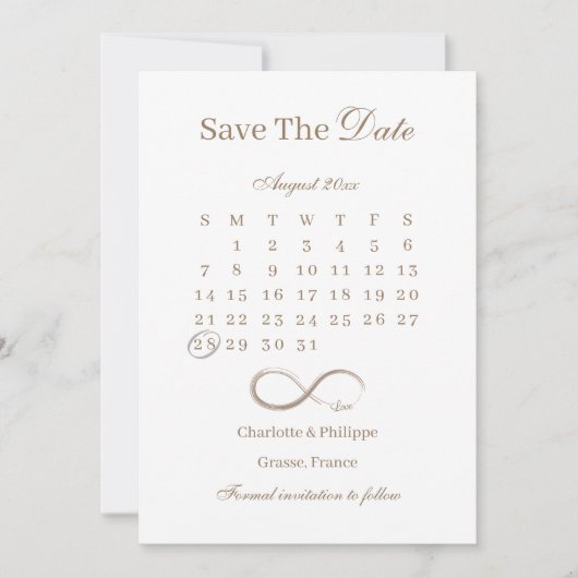 Invitation Calendrier Blanc Or Infini Épargnez la Date Mariag (Devant)