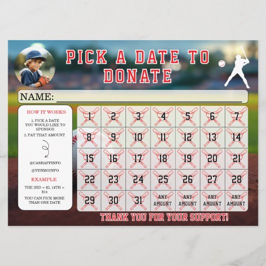 Invitation Calendrier de collecte de fonds de baseball modifi (Devant)