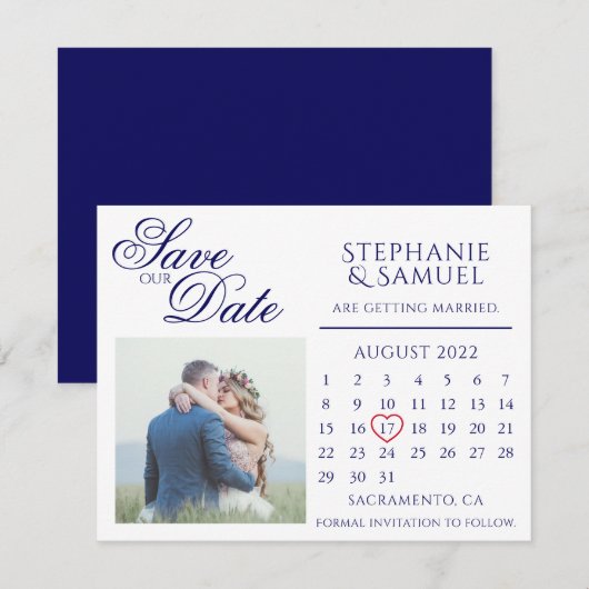 Invitation Calendrier de mariage bleu marine Photo Enregistre (Devant / Derrière)