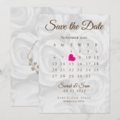 Invitation Calendrier de mariage élégant avec des roses blanc (Devant / Derrière)