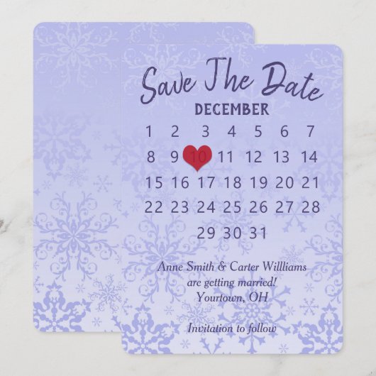 Invitation Calendrier de mariage "Sauvez la date" Flocons de (Devant / Derrière)