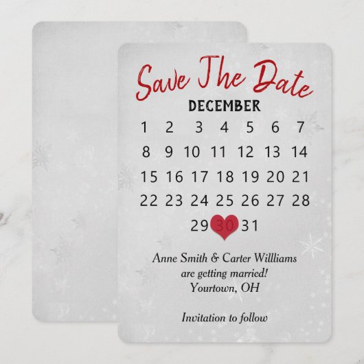 Invitation Calendrier de mariage "Save the Date" Flocons de n (Devant / Derrière)