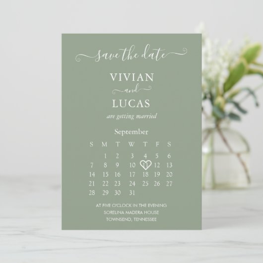 Invitation Calendrier de script moderne Sage vert Enregistrer (Debout devant)