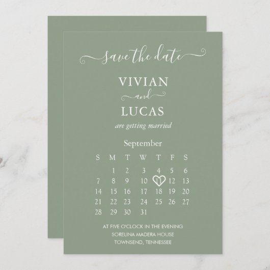 Invitation Calendrier de script moderne Sage vert Enregistrer (Devant / Derrière)