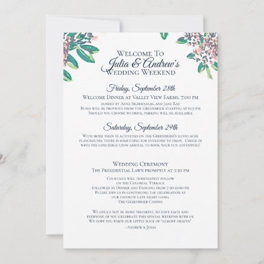 Invitation Calendrier final du week-end de mariage de Greenbr (Dos)