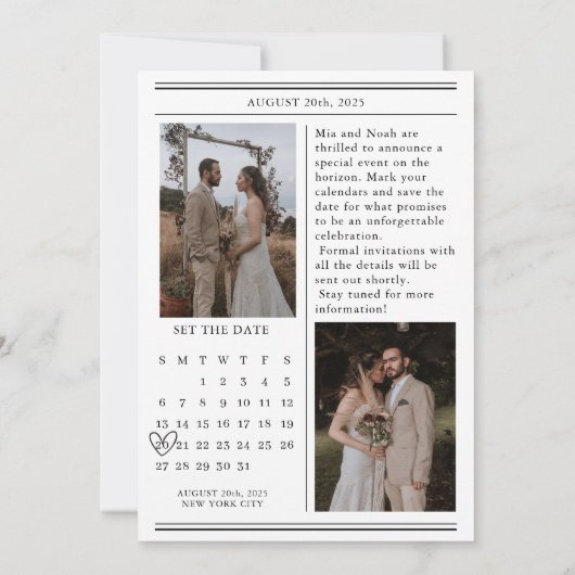 Invitation Calendrier mariage photo journal enregistrer la da (Dos)
