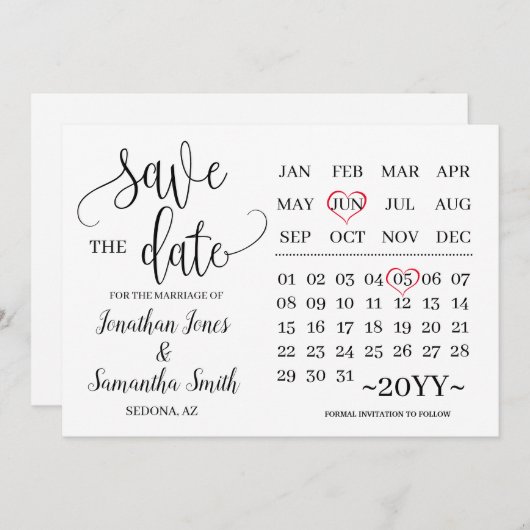 Invitation Calendrier minimal enregistrer la date mariage mod (Devant / Derrière)