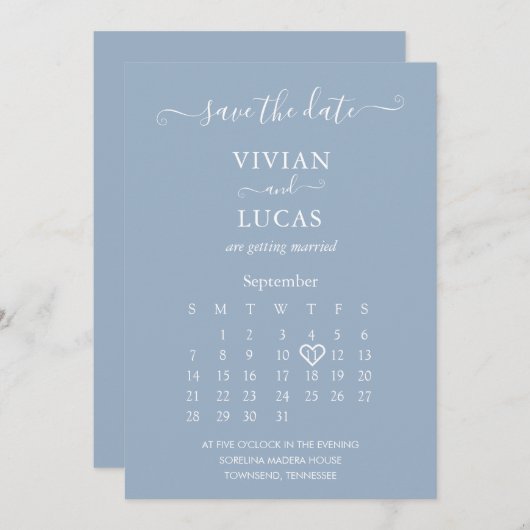 Invitation Calendrier moderne Dusty Blue Script Enregistrer l (Devant / Derrière)