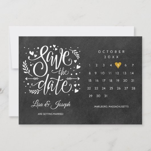 Invitation Calendrier "Save the Date" Tableau Noir Cœur Doré (Devant)