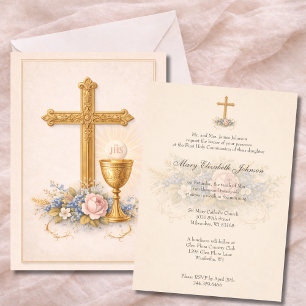 Invitation Calice de la Première Communion Hostie Fleurie