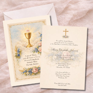 Invitation Calice de Première Communion Hostie Fleurie