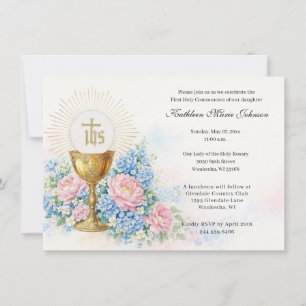Invitation Calice d'Hôte Floral de Première Communion Catholi