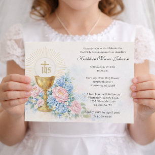 Invitation Calice d'hôte florale de première communion cathol