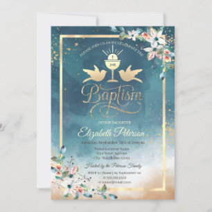 Invitation Calice Élégant Fleurs Aquarelle Baptême