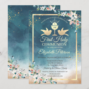 Invitation Calice Élégant Floral Première Sainte Communion