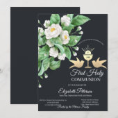 Invitation Calice Première Sainte Communion Fleurs Blanches (Devant / Derrière)
