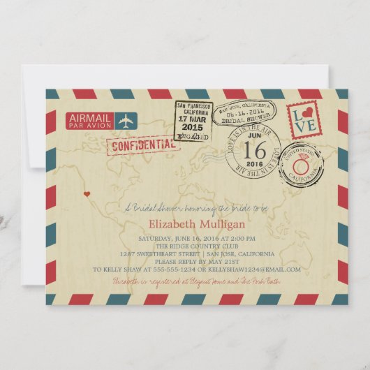 Invitation California World Traveler Airmail Fête des mariées (Devant)