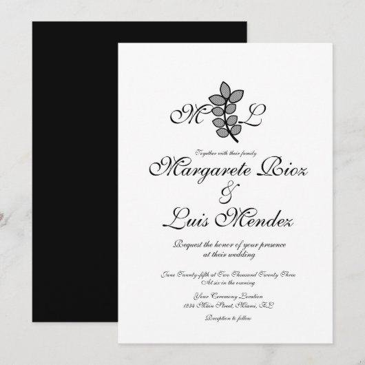 Invitation Caligraphie de la branche botanique Mariage monogr (Devant / Derrière)