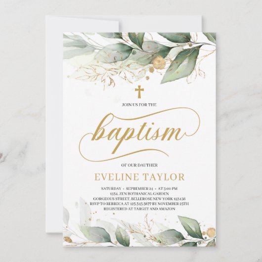 Invitation Caligraphie verdure eucalyptus feuilles d'or baptê (Devant)