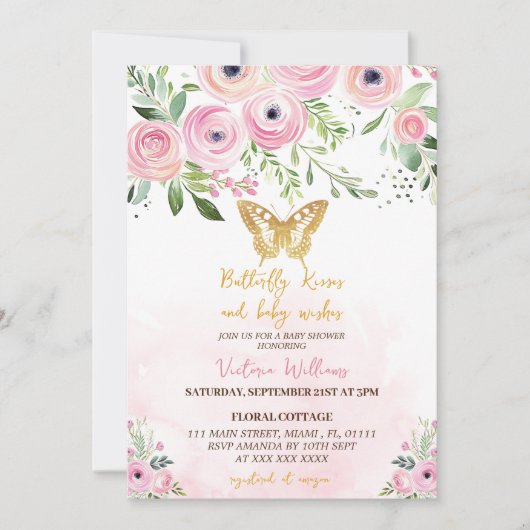 Invitation Câlineries de papillon Fête de naissance rose bébé (Devant)
