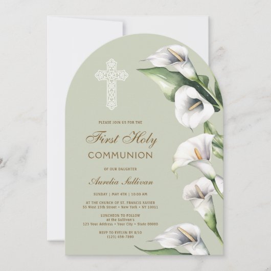 Invitation Calla Lilies sur une arche vert sauge Première Com (Devant)