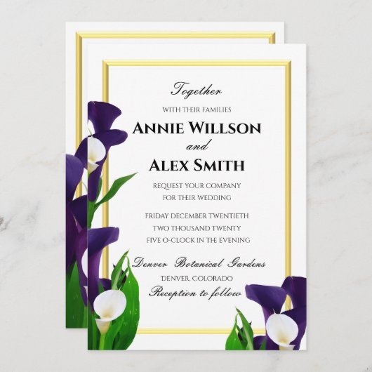 Invitation Calla Lily Mariage violet et blanc (Devant / Derrière)
