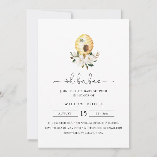 Invitation CALLA Oh Babee Honey Bee Baby shower (Devant)