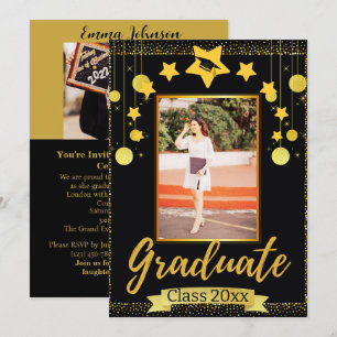 Invitation Calligraphe Gold & Black Vertical Photo Graduation