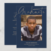 Invitation Calligraphie 1-Photo Blue & Gold Graduation Party (Devant / Derrière)