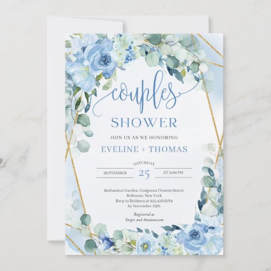 Invitation Calligraphie aquarelle bleu floral couples douche (Devant)