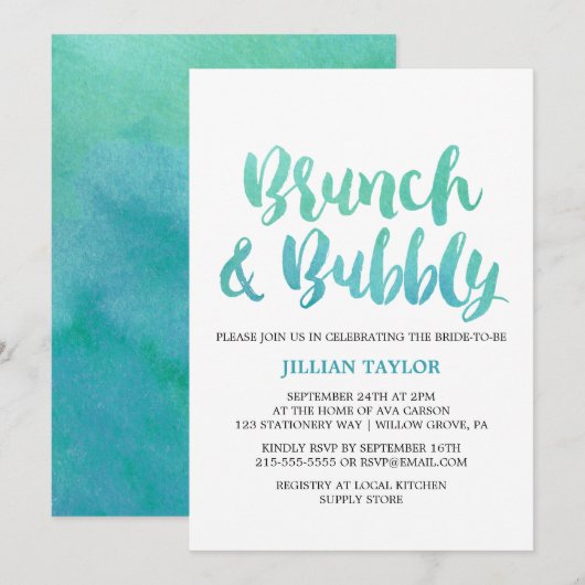 Invitation Calligraphie Aquarelle Destination Brunch & Bubbly (Devant / Derrière)