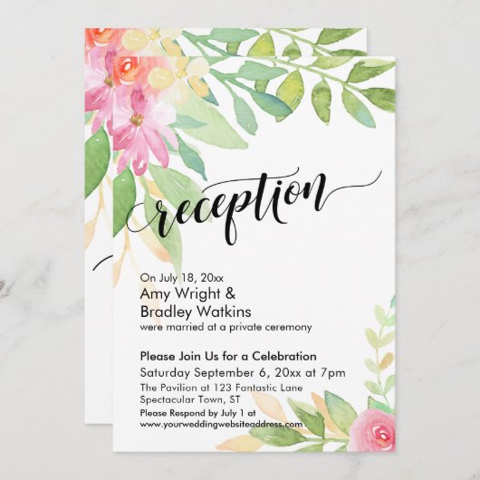 Invitation Calligraphie Aquarelle Fleurs Réception de Mariage (Devant / Derrière)