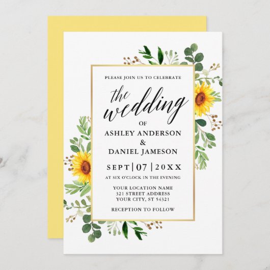 Invitation Calligraphie Aquarelle Verdure Fleurs de soleil Ma (Devant / Derrière)