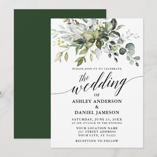 Invitation Calligraphie Aquarelle Verdure Mariage (Devant / Derrière)