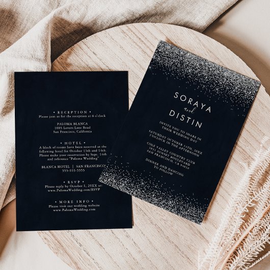 Invitation Calligraphie Argent Confetti Mariage avant et arri