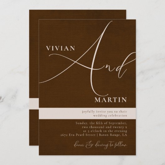 Invitation Calligraphie Big Bold "And" Espresso Brown Mariage (Devant / Derrière)