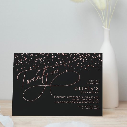 Invitation Calligraphie Black Rose Gold Confetti 21e annivers