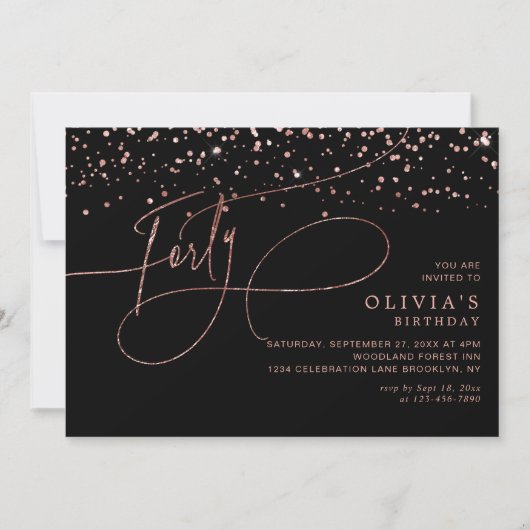 Invitation Calligraphie Black Rose Gold Confetti 40e annivers (Devant)