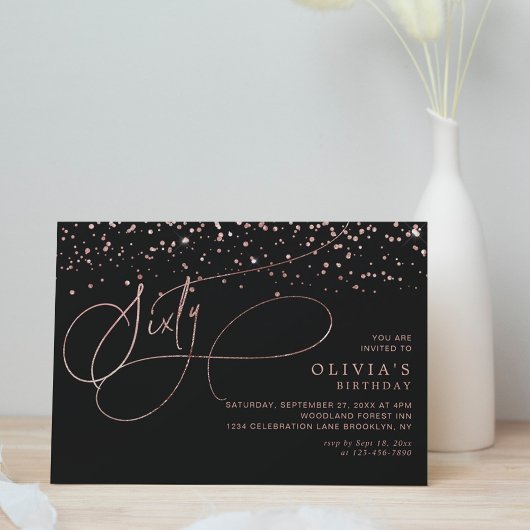Invitation Calligraphie Black Rose Gold Confetti 60e annivers