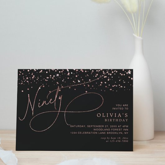 Invitation Calligraphie Black Rose Gold Confetti 90e annivers
