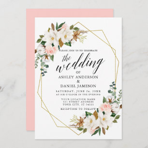 Invitation Calligraphie Blanc Magnolias Rose Mariage Or