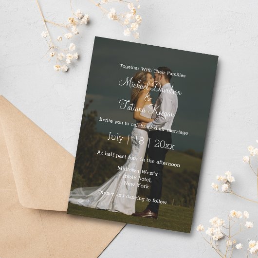 Invitation calligraphie blanche simple photo de jour de maria