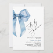 Invitation Calligraphie Blue Bow Photo Code QR Baby shower (Devant)